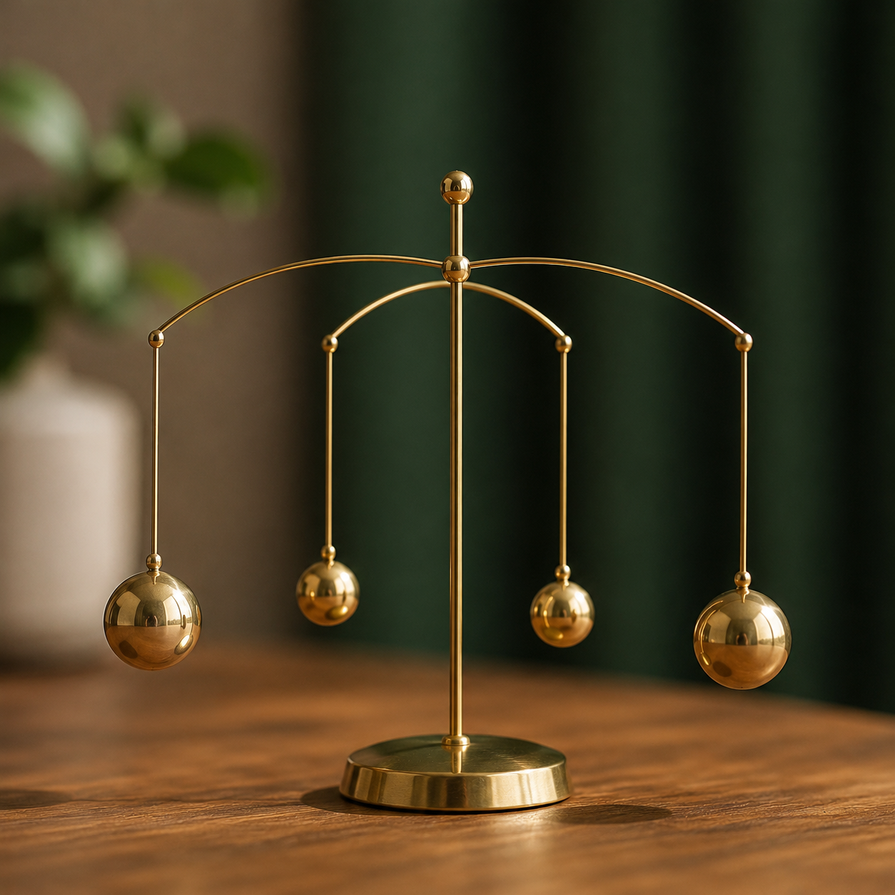 A brass balance mobile, four spheres in perfect equilibrium, representing food, movement, lifestyle, and awareness
