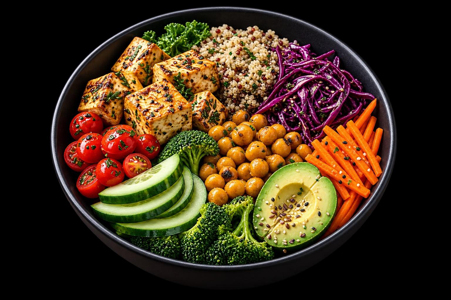 A balanced bowl of food — tofu, quinoa, chickpeas, avocado, and fresh vegetables